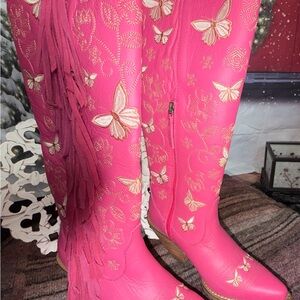 Dingo Retro Hot Pink Knee High Embroidered Leather Boots NWT Size 7